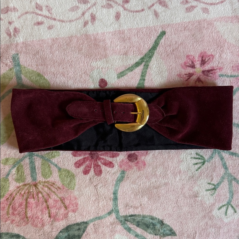 VTG Wide Suede Waist Belt with Gold Buckle - Burgundy